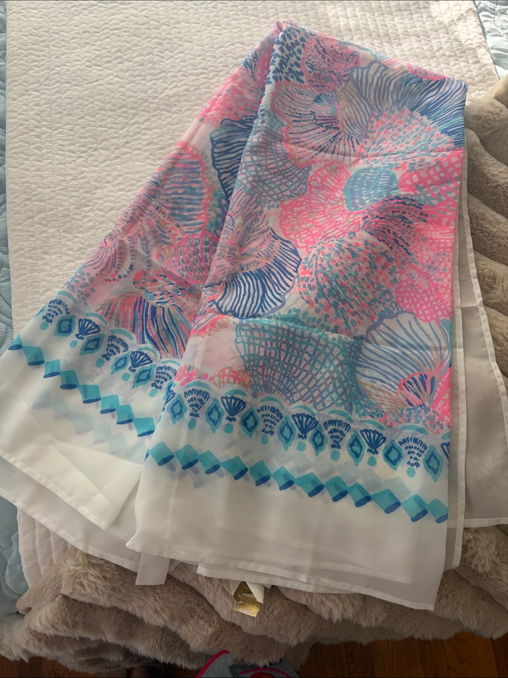 Lilly Pulitzer Pink & Blue Seashell Print Sheer Scarf/Pareo Wrap
